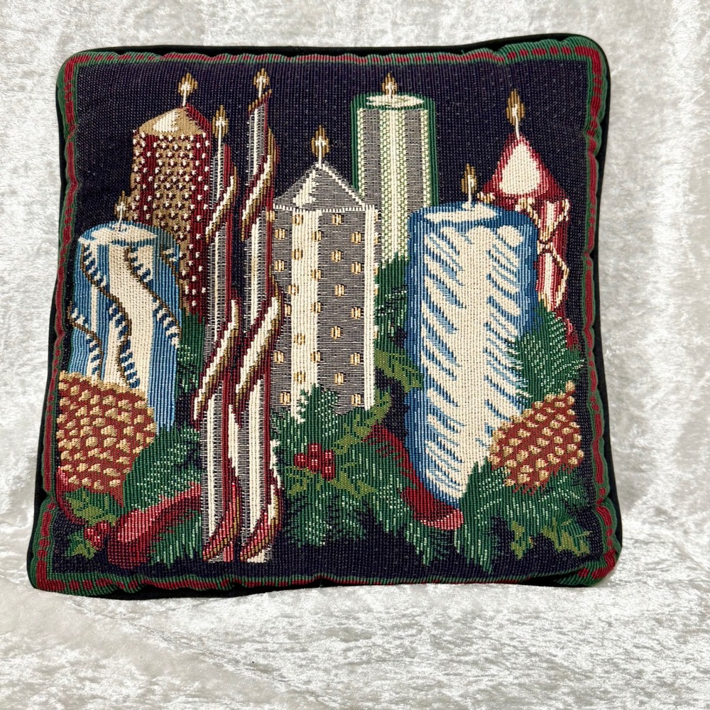 Vintage Christmas Candle Tapestry Accent Pillow Cozy Holiday Decor 18" x 18" - Picture 4 of 7